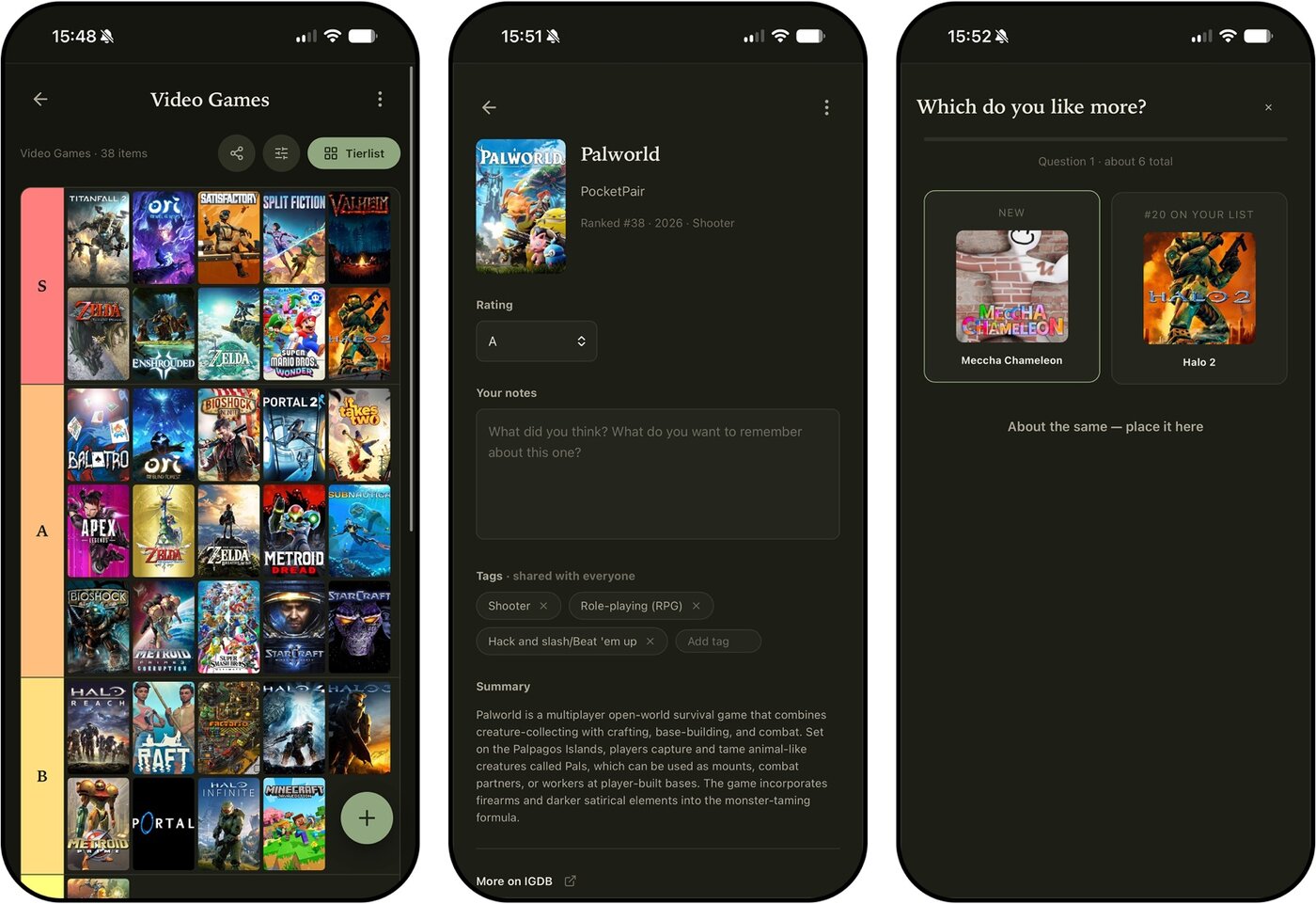 Three app screens: the video-games tierlist, the Palworld detail page with rating and notes, and the &lsquo;Which do you like more?&rsquo; comparison question