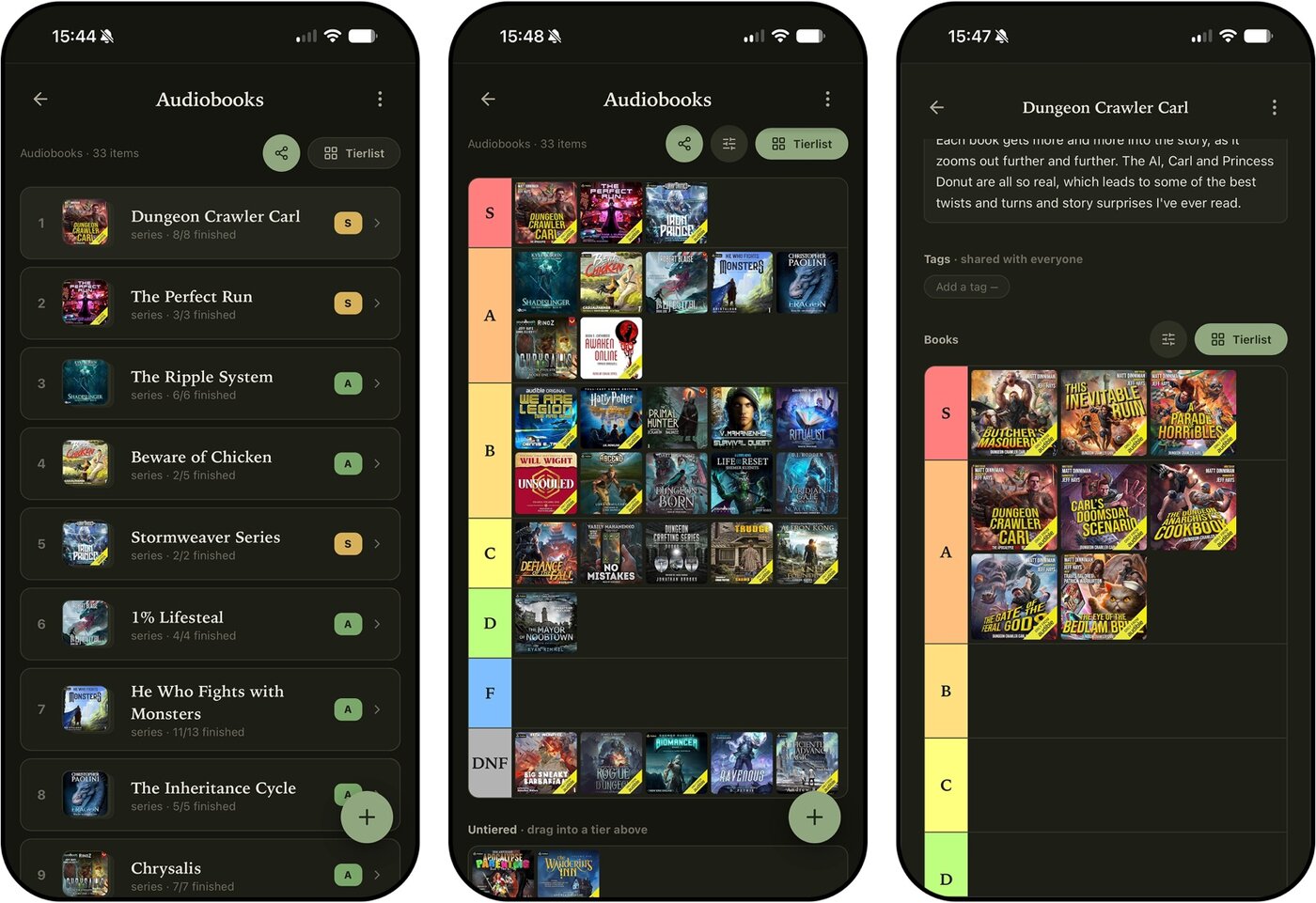 Three app screens: the ranked audiobook list, the audiobook tier board, and the Dungeon Crawler Carl series with its books ranked on their own tierlist
