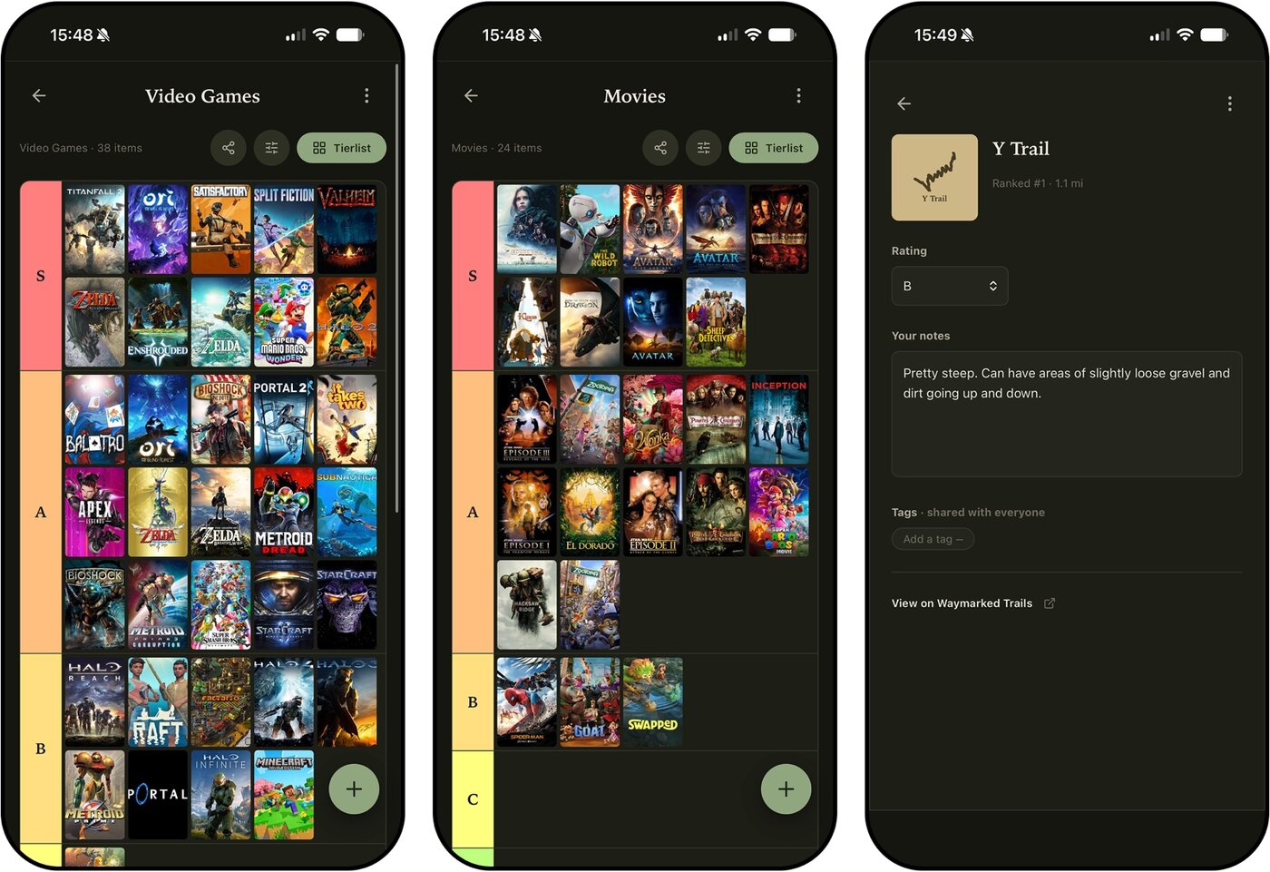 Three app screens: the video-games tierlist, the movies tierlist, and a hiking-trail detail page with a route-shape tile and personal notes