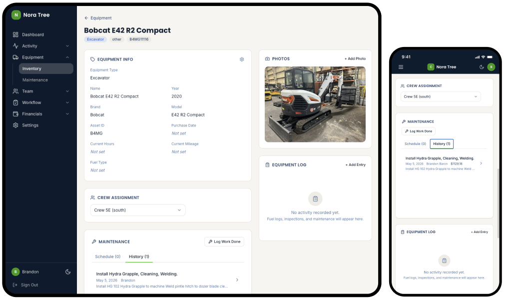 Equipment detail page showing the Bobcat E42 with photos, info, crew assignment, and maintenance history