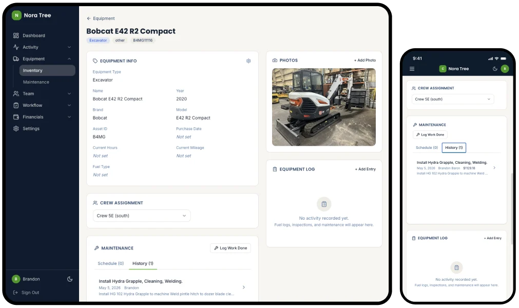 Equipment detail page showing the Bobcat E42 with photos, info, crew assignment, and maintenance history