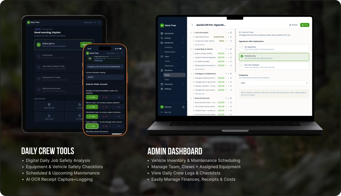 The Tree Service, daily crew tools and admin dashboard mockup