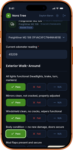 A pre-trip vehicle inspection in progress on a phone, showing pass/fail buttons