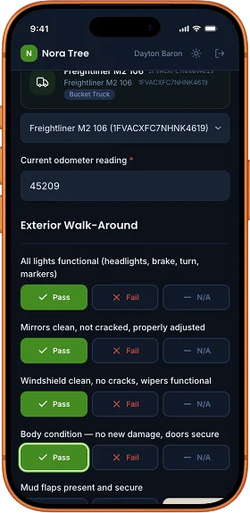 A pre-trip vehicle inspection in progress on a phone, showing pass/fail buttons